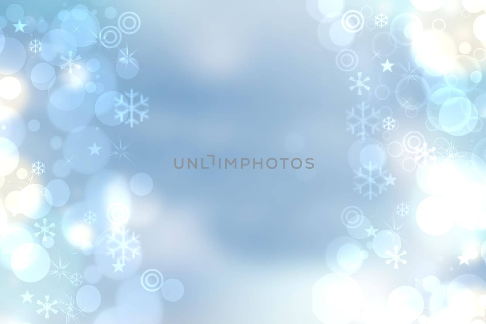 Christmas card template. Abstract festive natural blue white winter christmas background texture with blue and bokeh lighted snowflakes, stars and a frame. Beautiful card design.