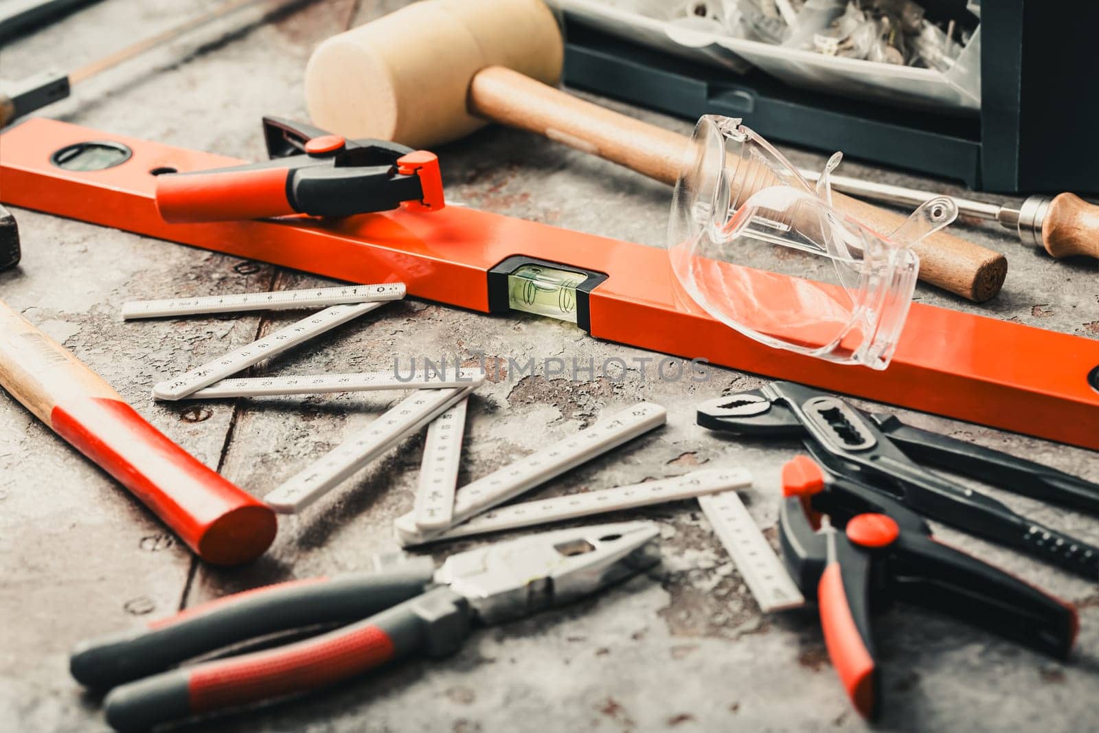 Handyman tool kit with assorted tools, gogles