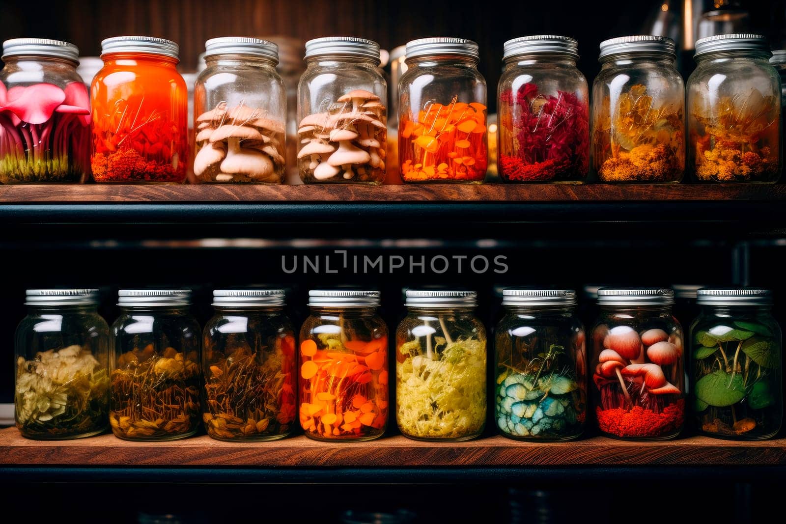 Jars of different colorful and vibrant fungi on a wooden shelves. Different species of fungi in specimen jars. Alternative medicine concept. AI generated