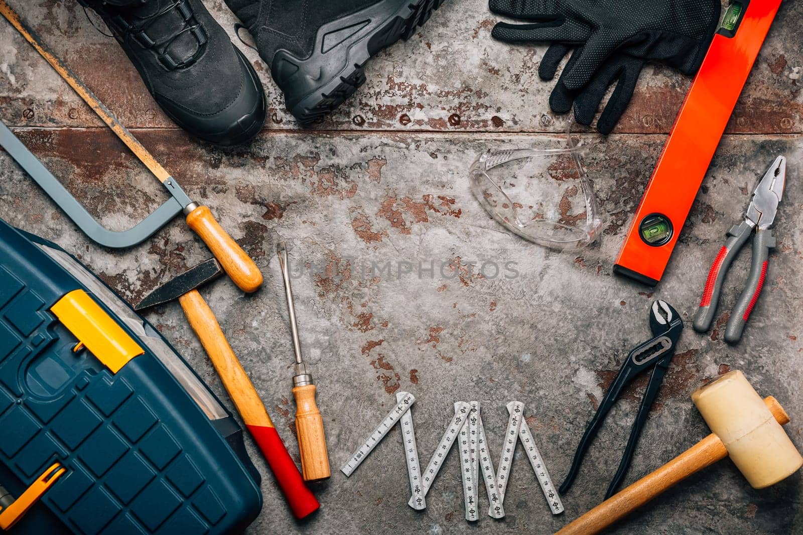 Handyman tool kit with assorted tools, safety boots, gogles