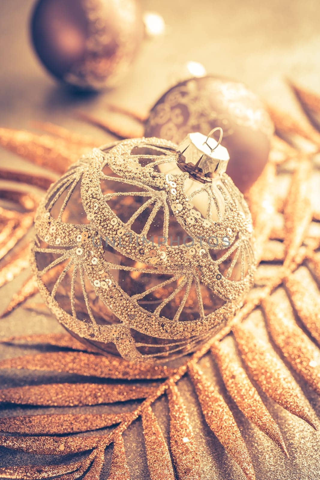 Beautiful Christmas golden deco baubles with gifts, Happy New Year