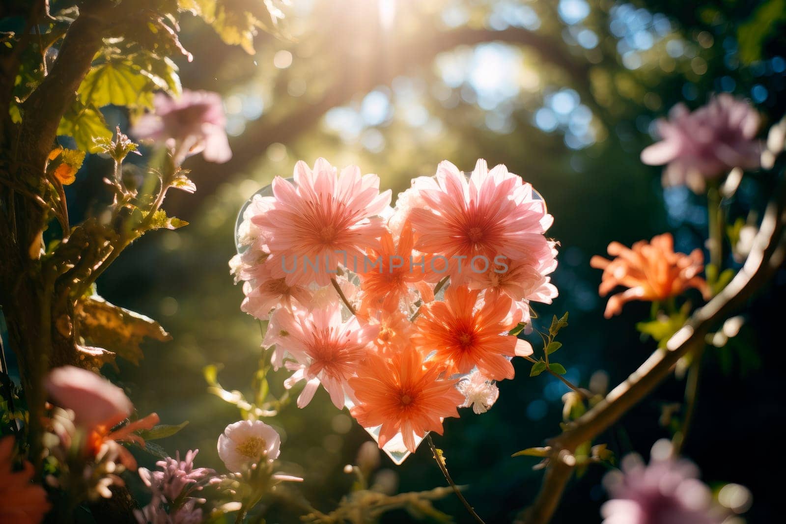 Concpt of Love and Happy Valentine's Day. Flowers and plants made  heart shape. AI generated