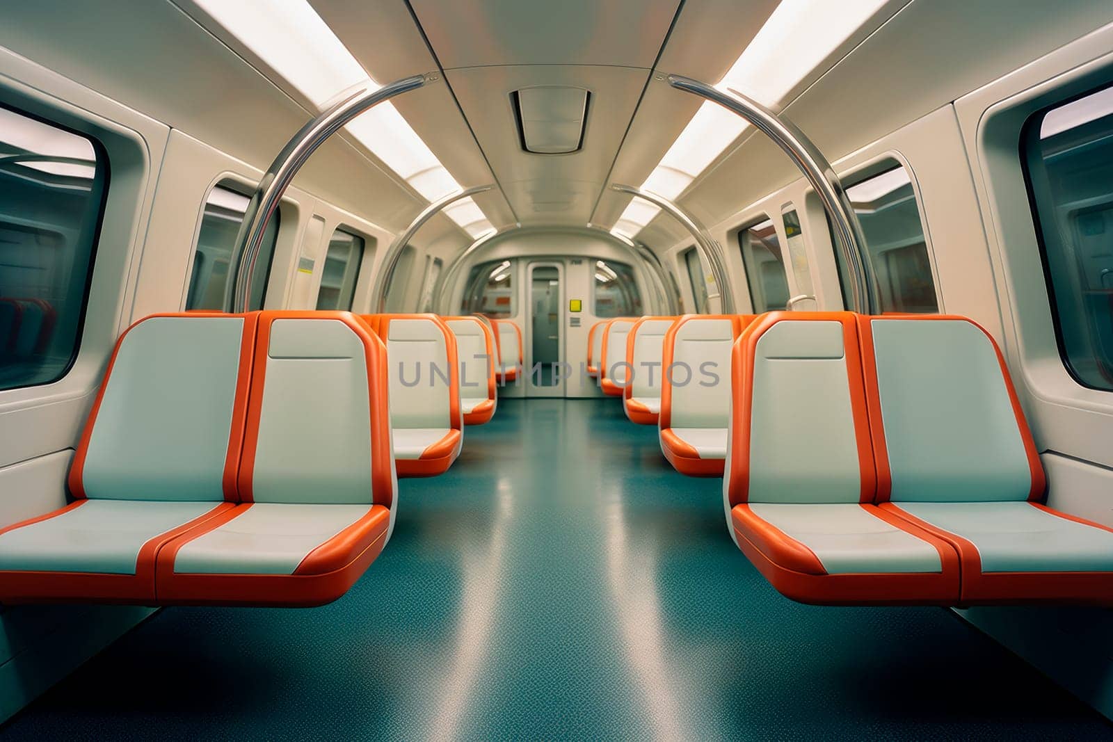 Interior view of a subway. Empty futuristic interior of metro wagon. AI generated
