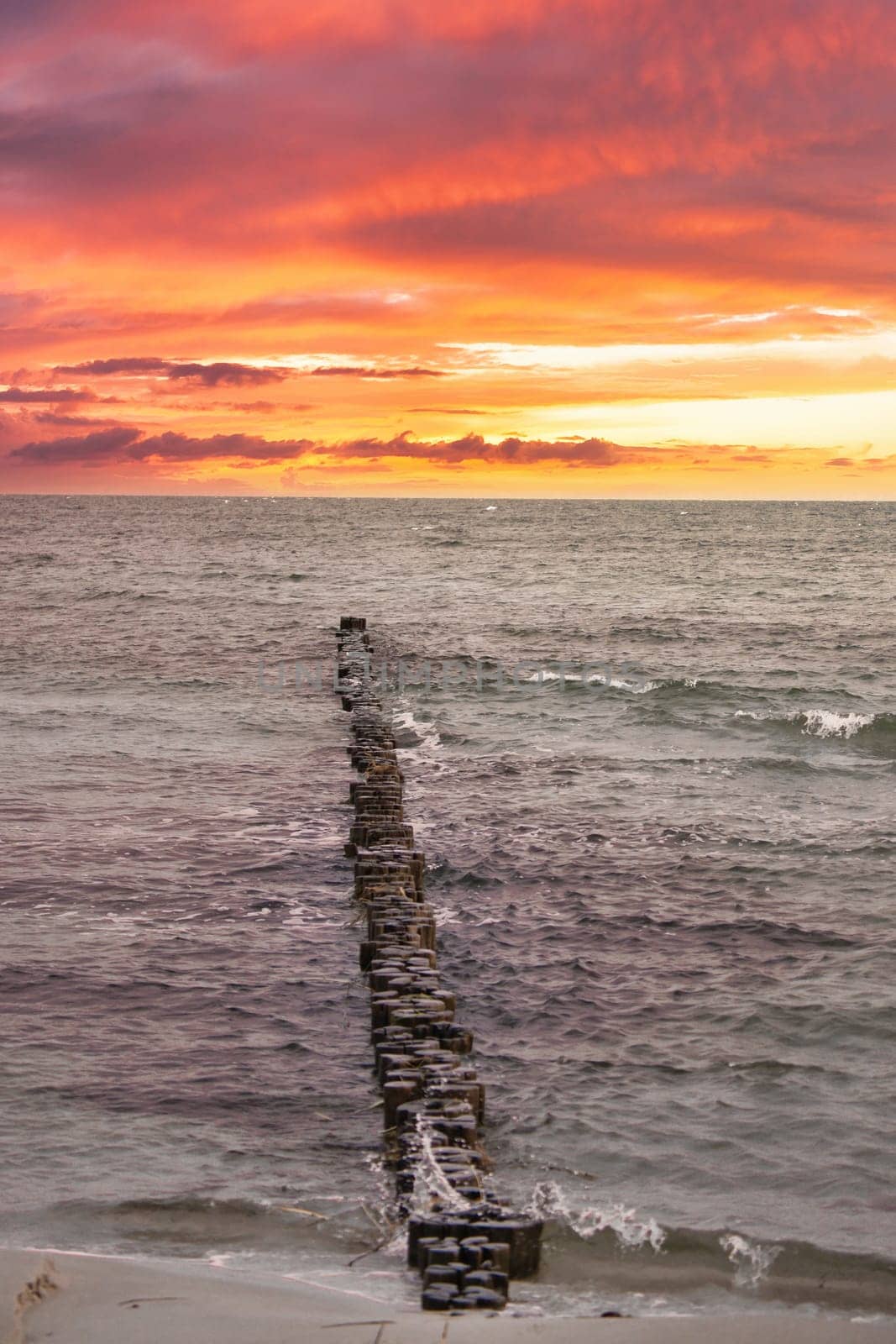 Groynes jut out into the Baltic Sea. Sunset on the horizon. Wooden logs protecting the coast. Landscape from the sea
