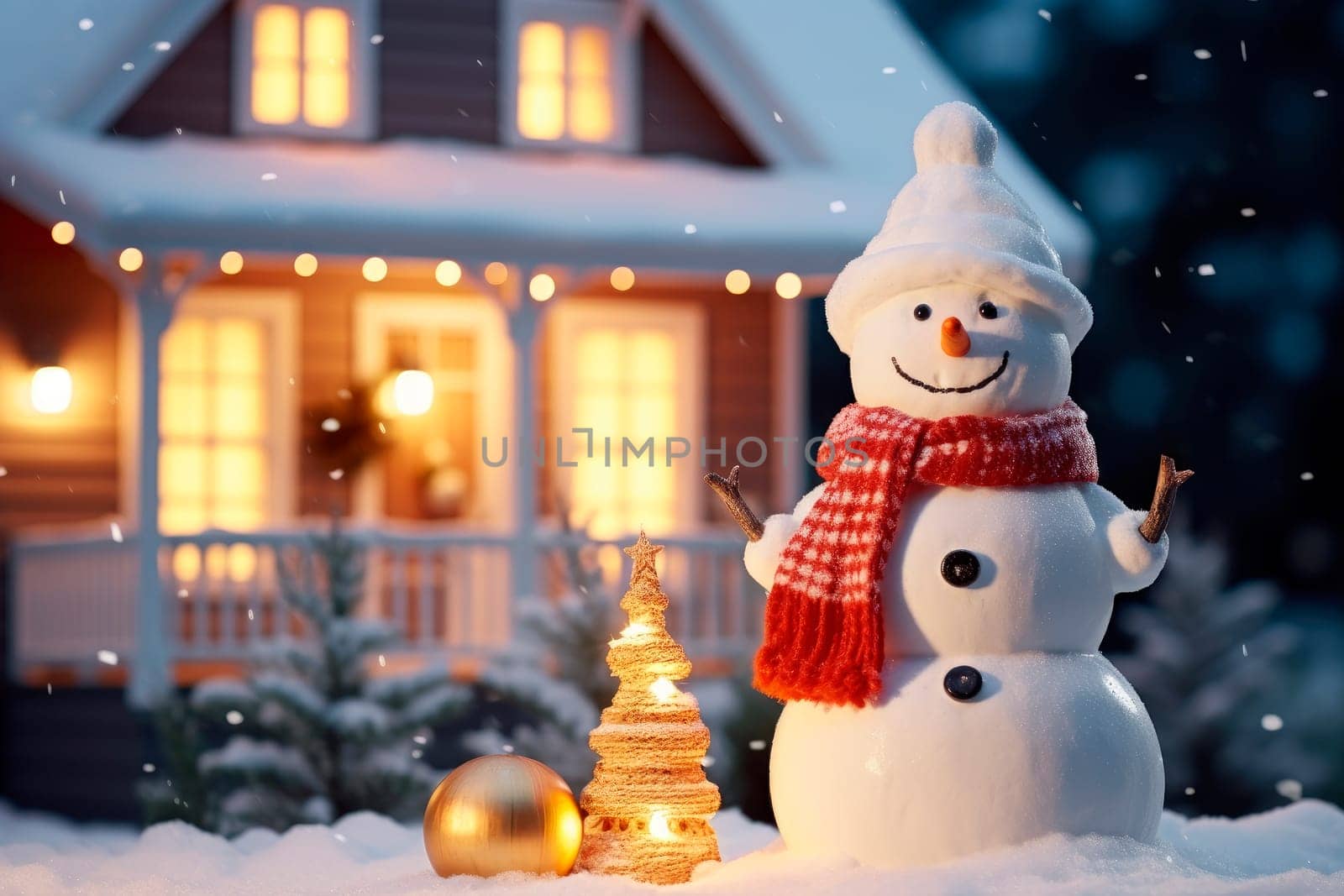 Happy Snowman Standing in the Backyard of the Idyllic House Decorated on Christmas Eve. Magical Winter Evening. AI generated