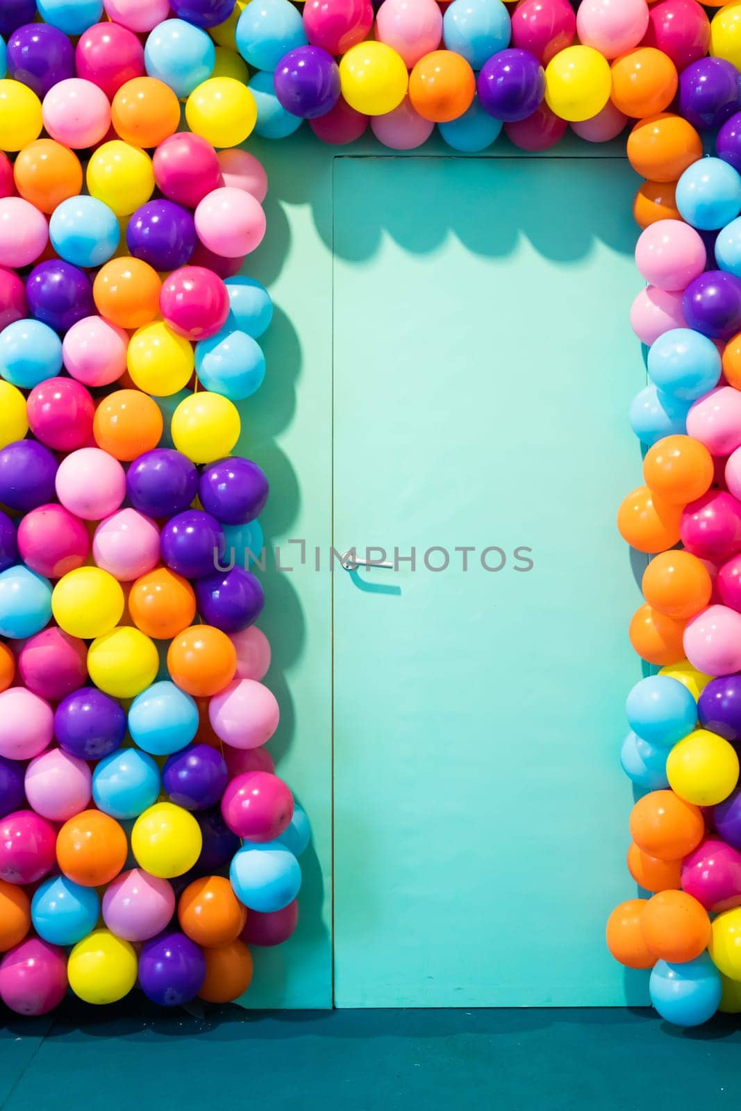 Door room with colorful balloons - concept of celebration, party, happy birthday