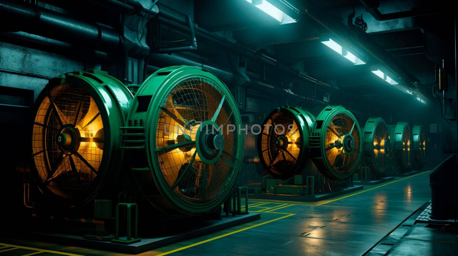 Underground Air Compressor System Room. Futuristic industrial interior with fans, pipes and machines. AI generated