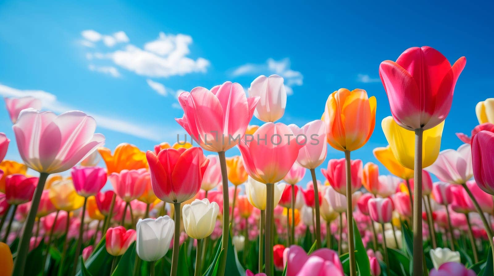 Low angle view of colorful tulip flowers in the field under blue sky. AI generated