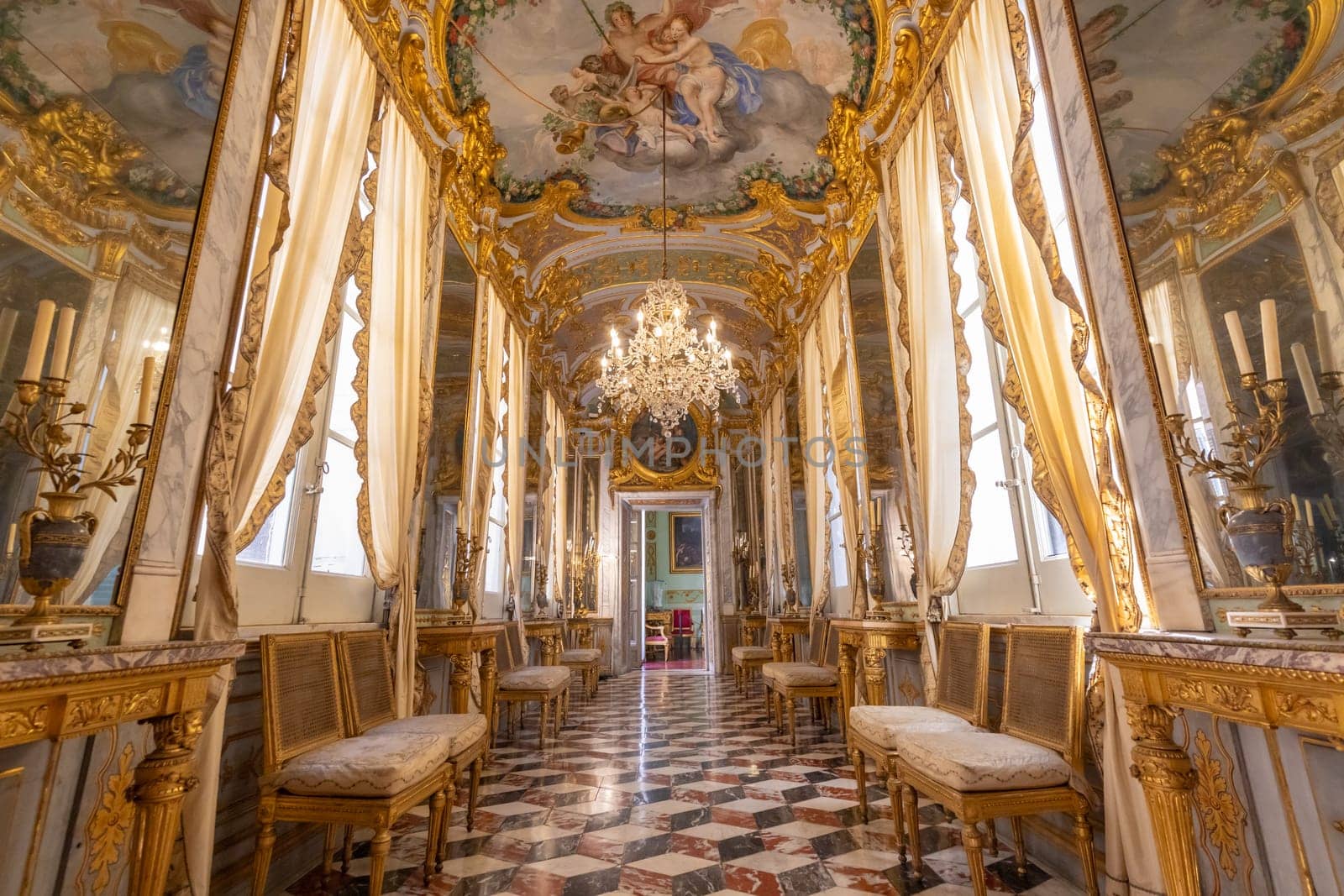 Genova, Italy - 8 August 2023: Spinola Palace. Corridor in luxury baroque style, old palace, nobody