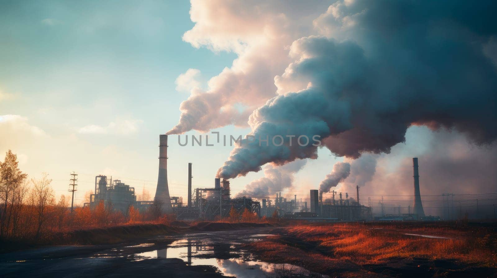 The pipes of the thermal power plant smoke on the horizon. Withering nature and environmental pollution. AI generated