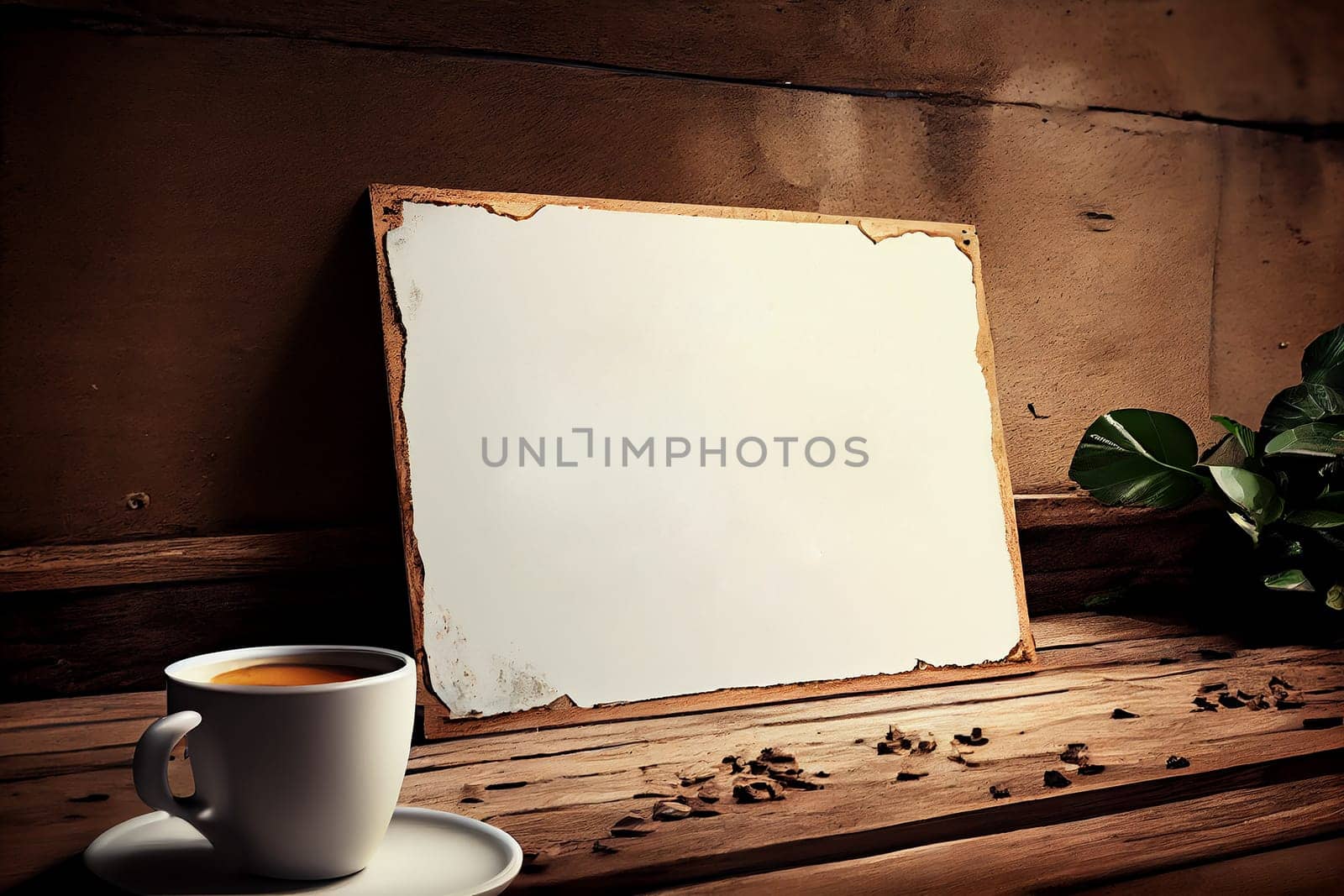 Mockup label, blank menu frame in Bar restaurant. Stand for booklets with white sheets paper on wooden table cafeteria blurred background
