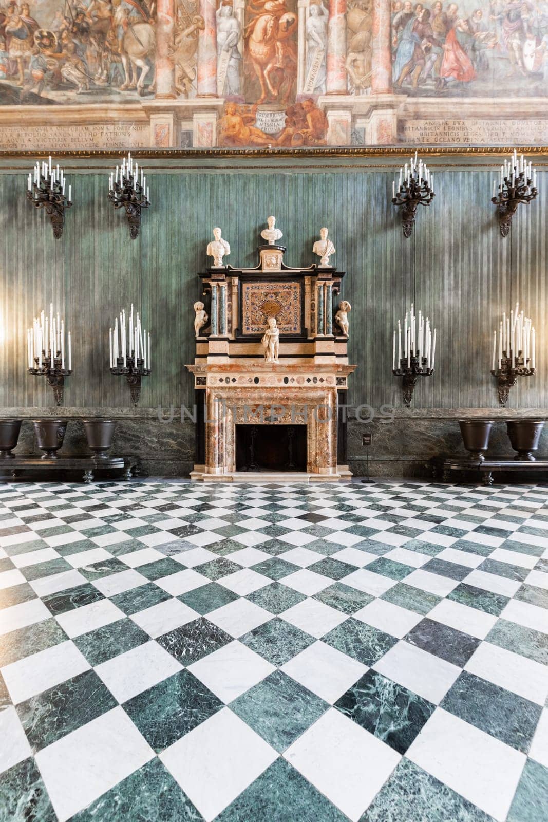 Turin, Italy -Royal Palace Entrance. Classic hall, luxury marble, room perspective