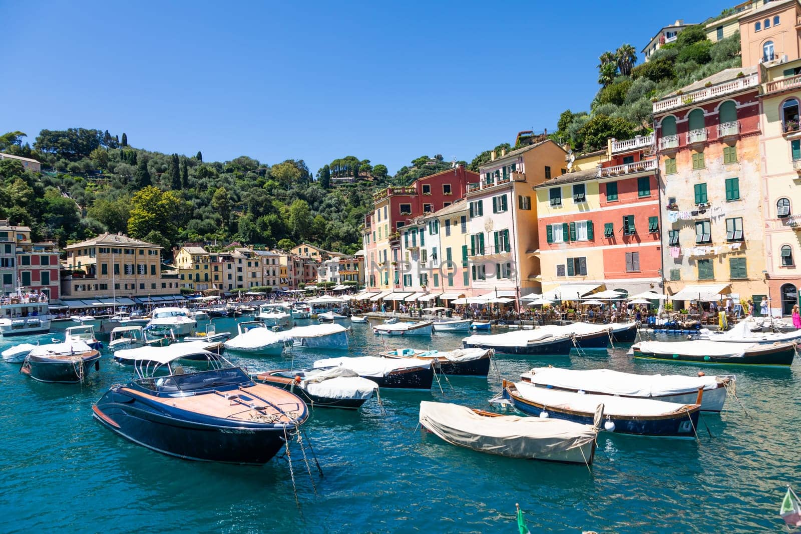 Portofino, Italy - 7 August 2023: scenic panorama with sea and luxury yacht. Italy travel destionation