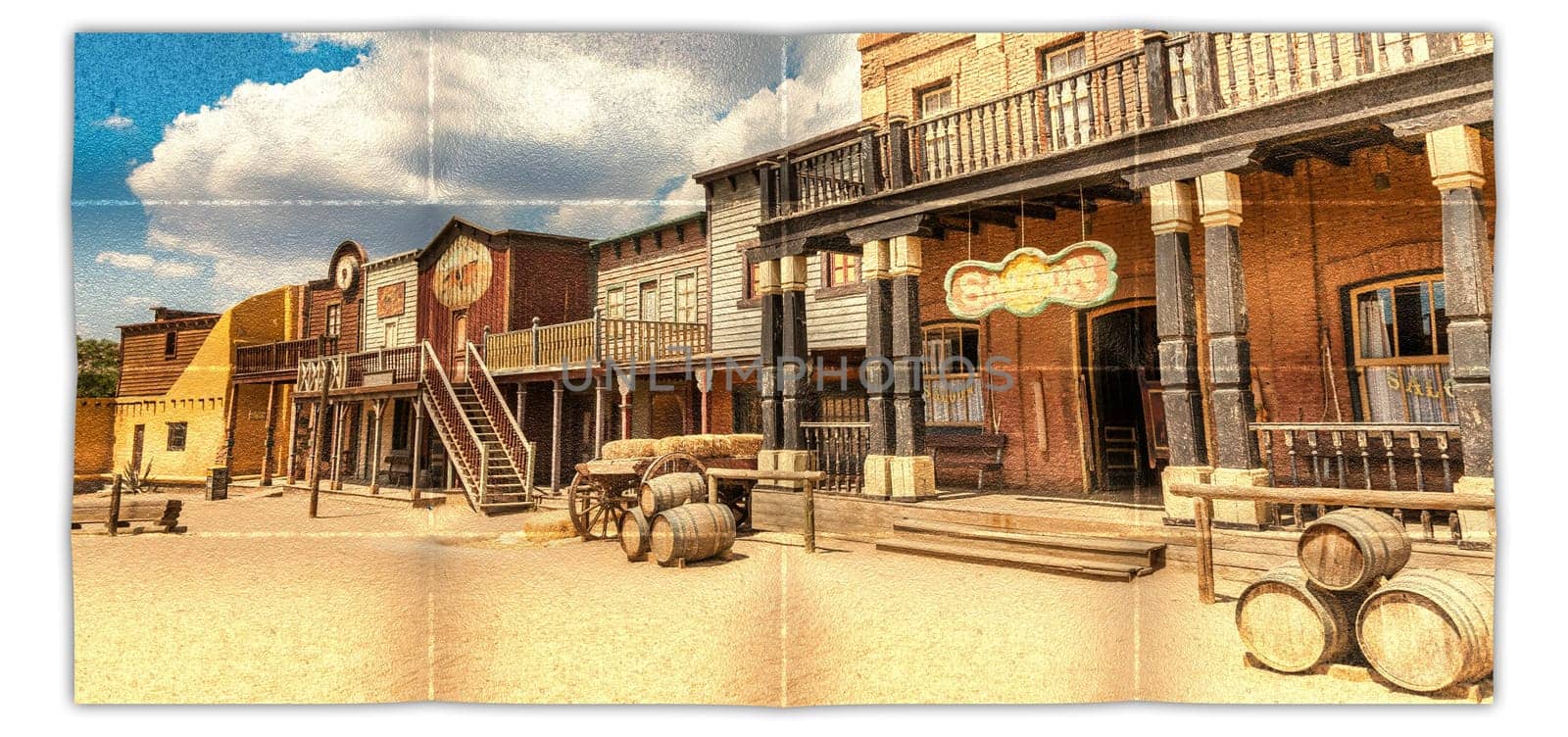 Creative picture of Wild West village with old buildings and saloon