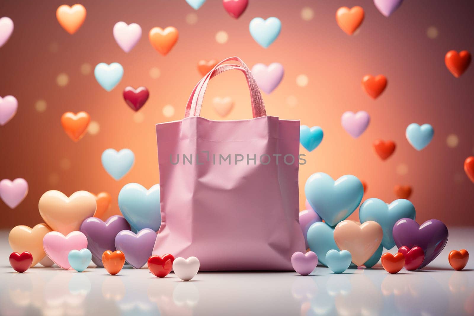 Gift boxes with ribbon and bow, colorful hearts, shopping bag, wrapped package for birthday or valentine, suprise for holiday