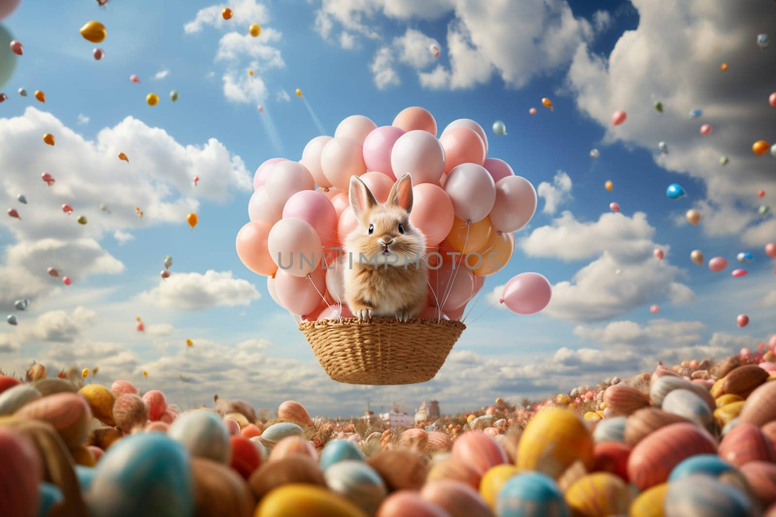 Easter bunny or rabbit with colorful balloons flying to the sky, holiday in spring , easter eggs