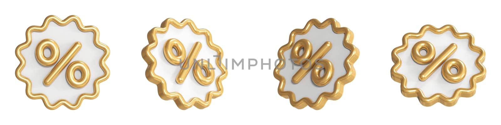 Set of golden percent labels 3D rendering illustration isolated on white background