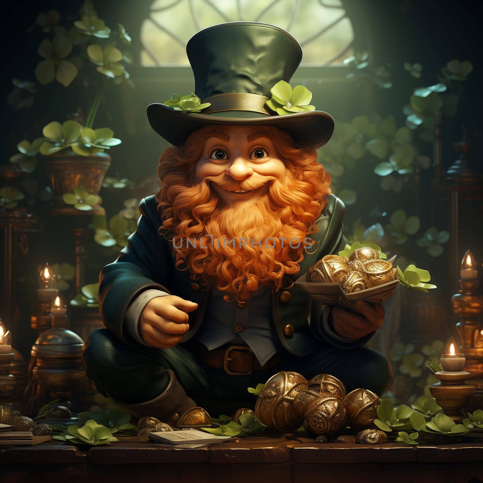 Leprechaun with pot of gold , St. Patrick´s day, green shamrock leaves, irish holiday, mythology of Ireland