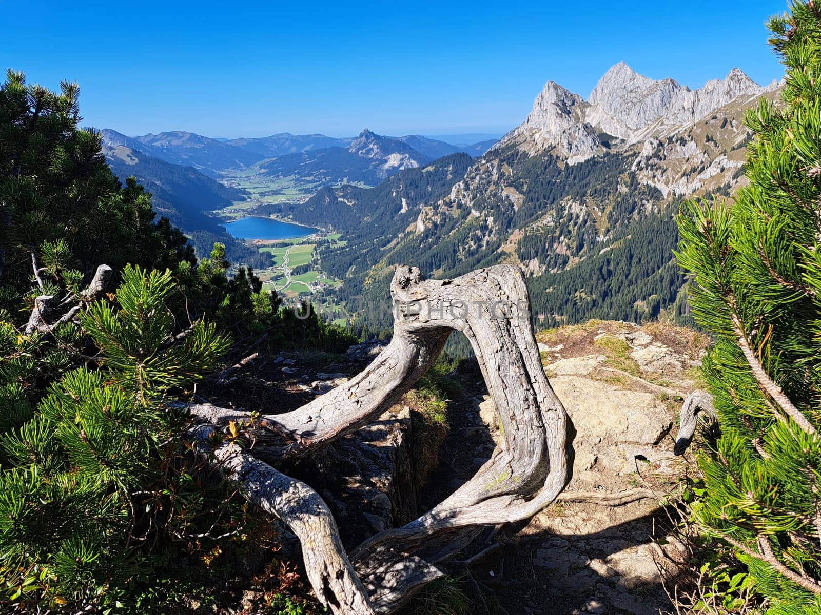 Blick vom Hahnenkamm nach Norden ins Tannheimer Tal, Tirol, Österreich. Höfen