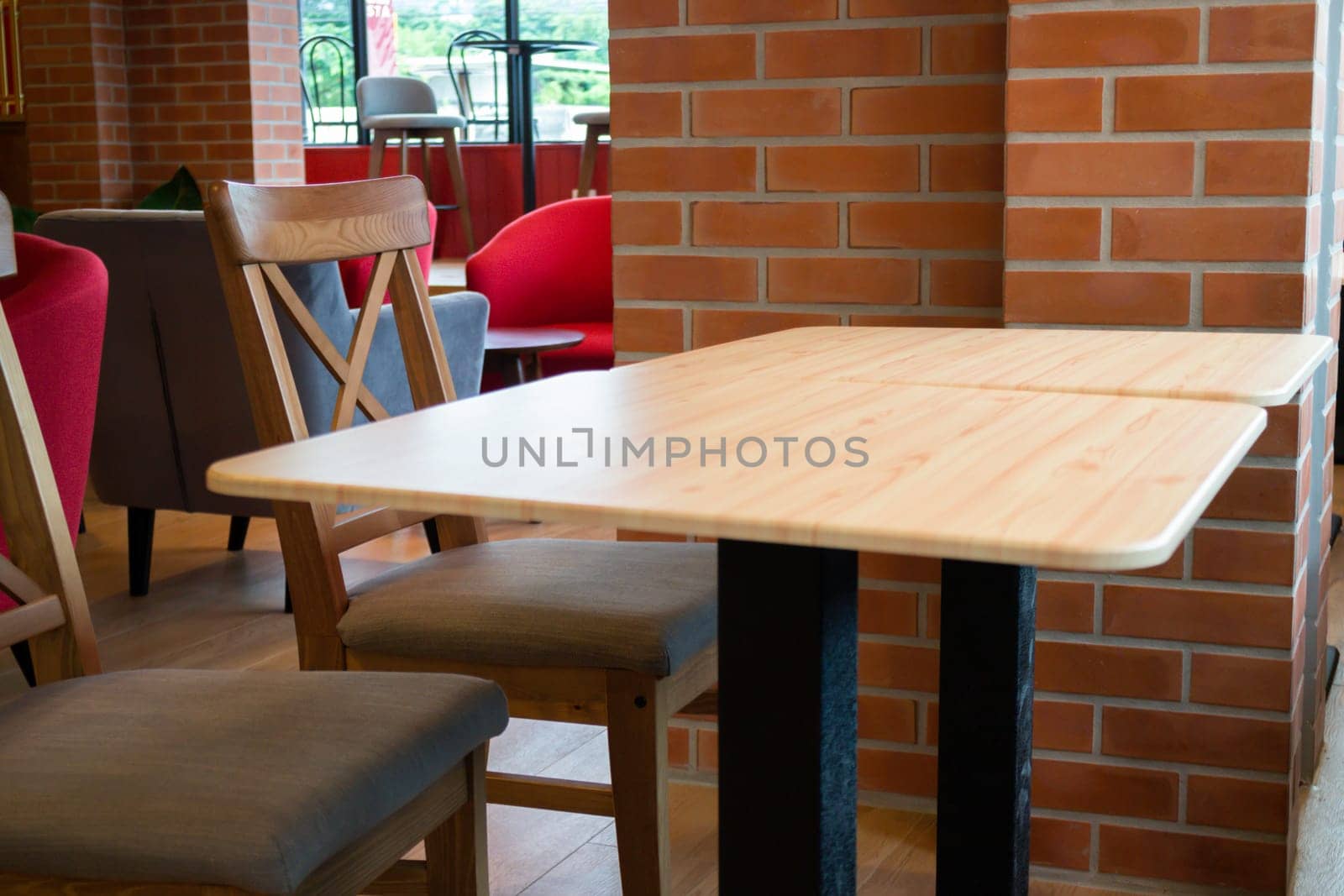 Vintage retro cafe with red decoration, stock photo