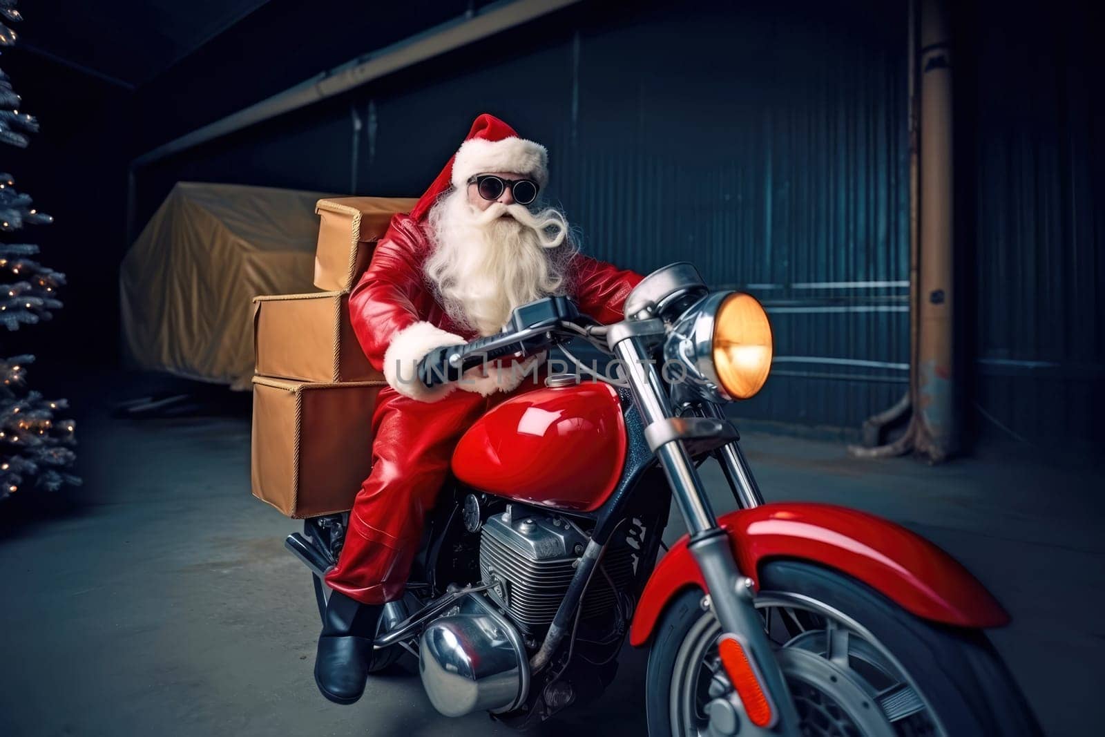 Cool and funny image of santa claus with sunglasses sitting on a motorbike with presents