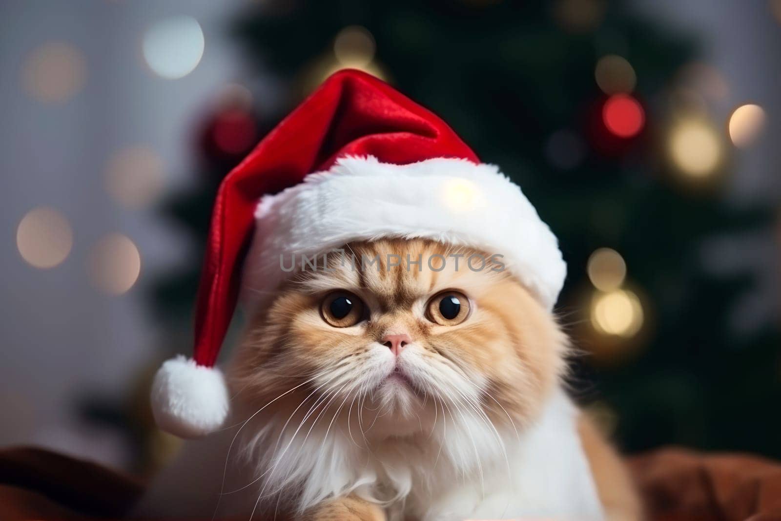 Funny persian cat with santa claus hat sitting in front of a christmas tree at home