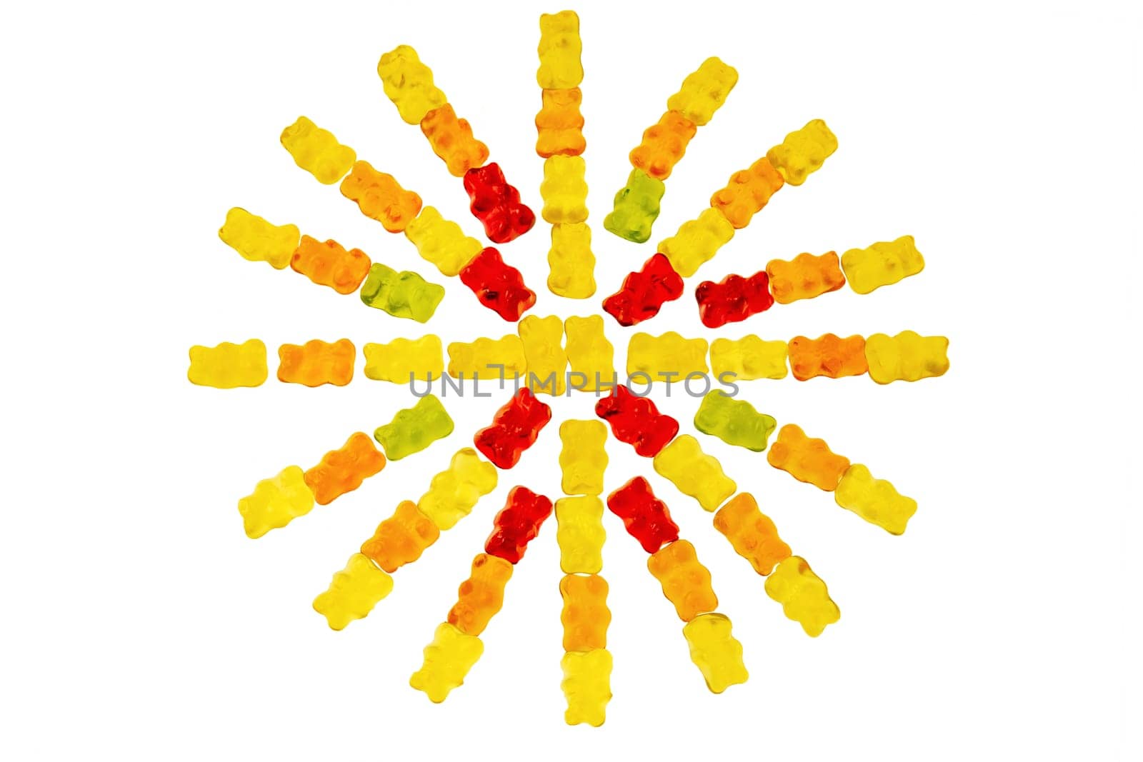 Gummy bears. Circle of fruity gummy bears with rainbow colors isolated on white background. Rainbow circle of sweet yellies. Teddy bear circle. Candy concept.