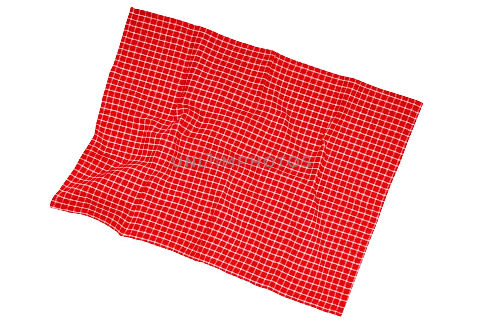 Closeup of a red and white checkered napkin or tablecloth texture isolated on white background. Clipping path. Kitchen accessories. Top view.