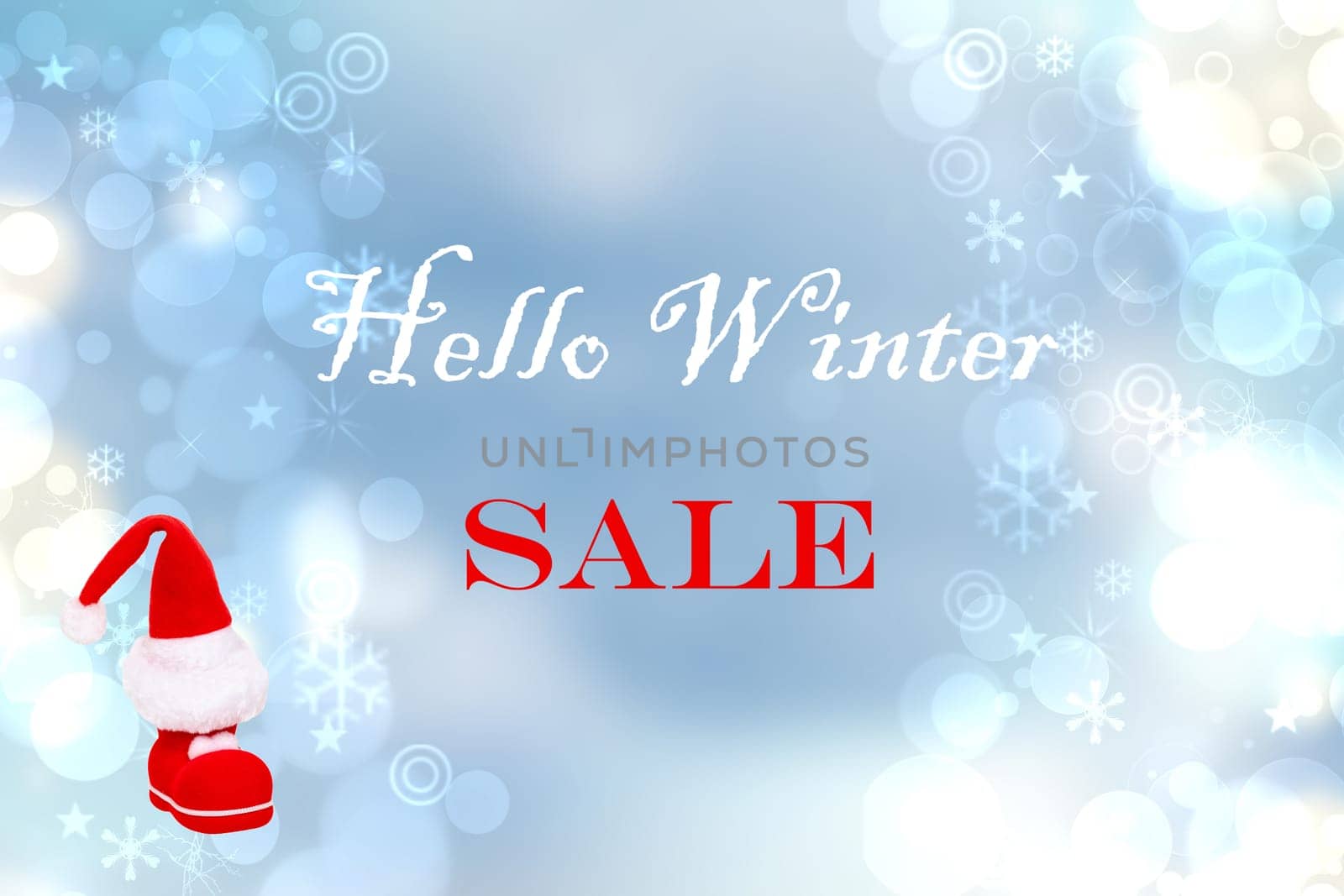 Hello winter sales with discount up to 50% off.  Texture with santa claus boots and lettering on abstract background. Card, flyer, banner and promotion concept.