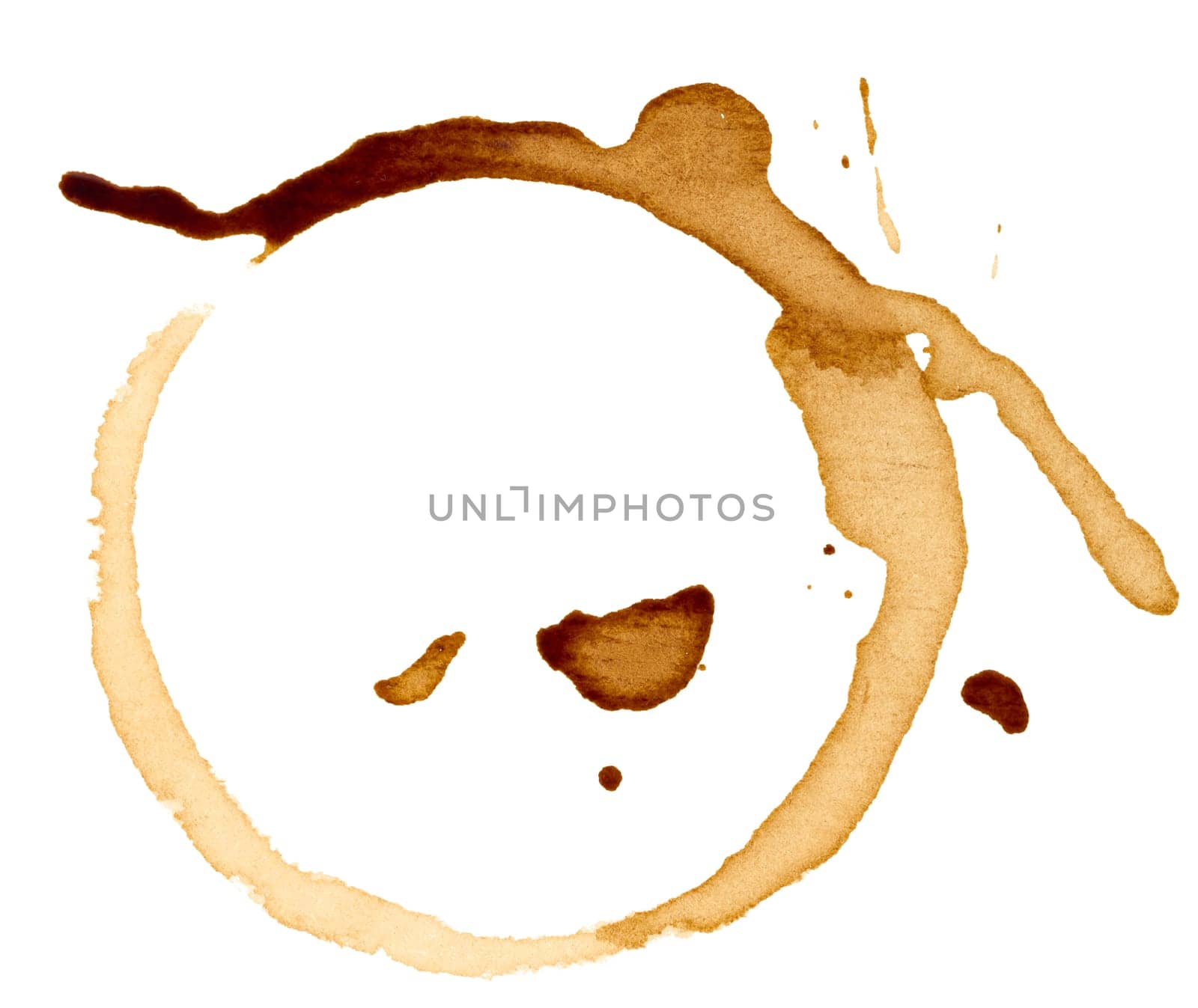 Imprint of spilled black coffee on a white isolated background