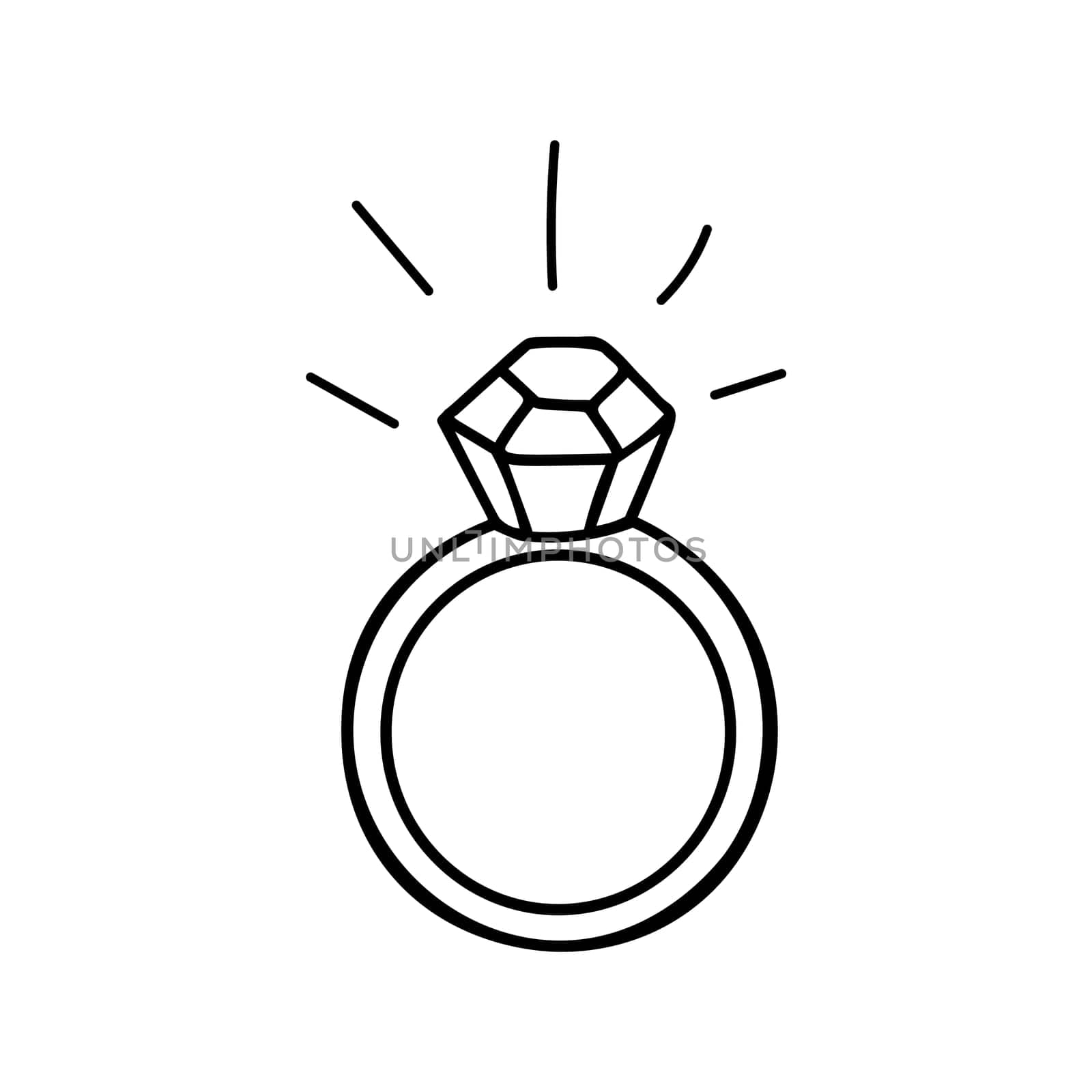Vector doodle drawing of a ring with a stone and glitter from it.