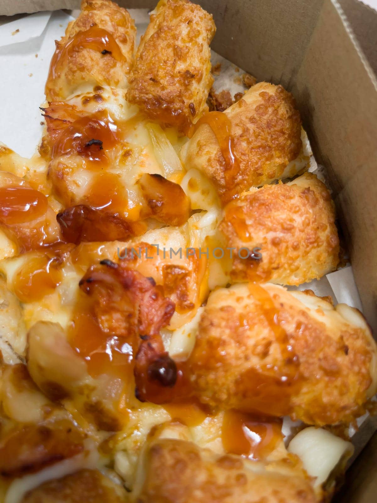 Freshly baked pizza delivery box, stock photo
