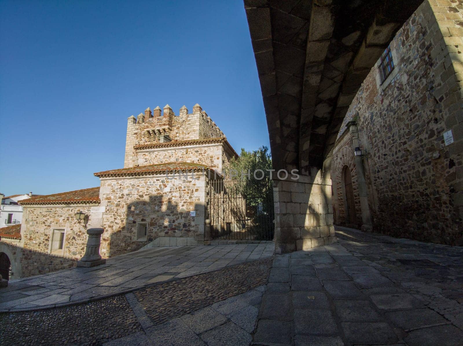 Estrella Arch stairs with Bujaco Tower at bottom. Main access to Caceres Monumental Complex