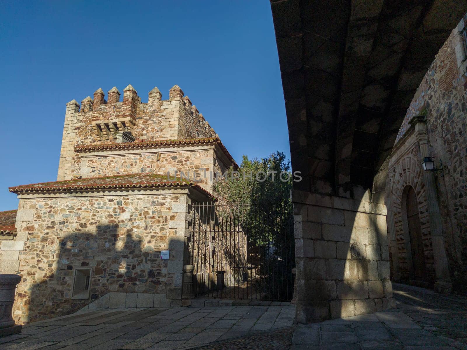 Estrella Arch stairs with Bujaco Tower at bottom. Main access to Caceres Monumental Complex