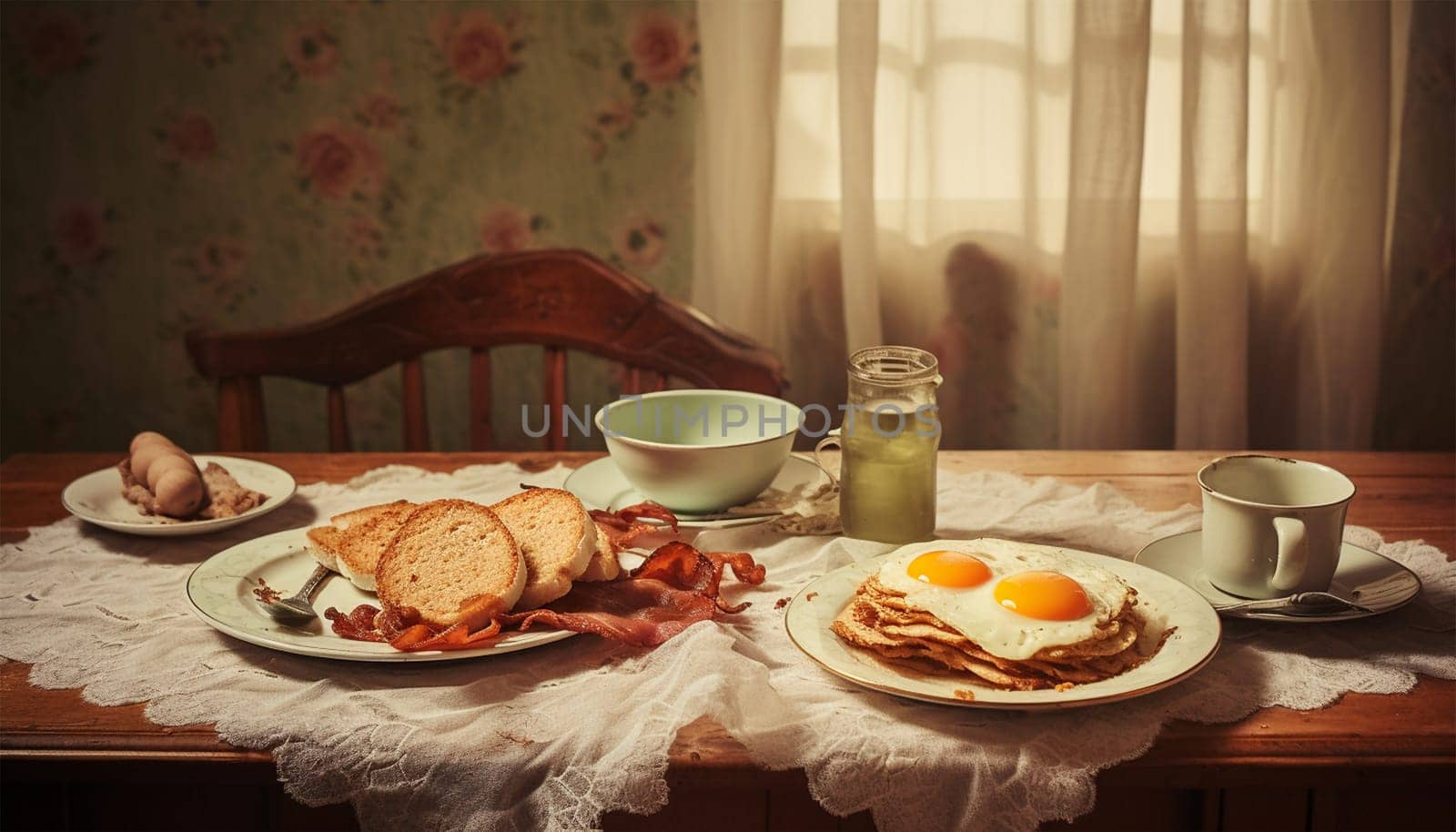 Vintage breakfast table with plate of English breakfast with fried eggs, bacon, Vintage, retro. Food pop art photo. Complementary colors. Old retro photograph food