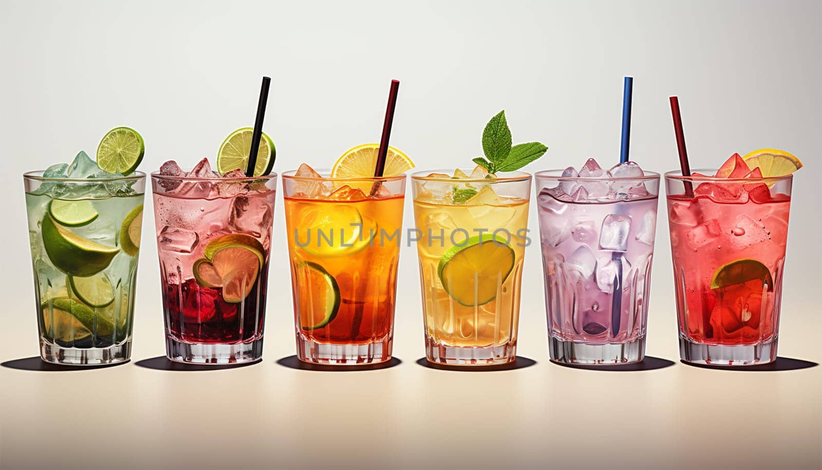Row of various drinks on light background. Collection of various alcoholic cocktails drink glasses, icons set, different kind of mocktails colorful. Cocktail party concept celebration