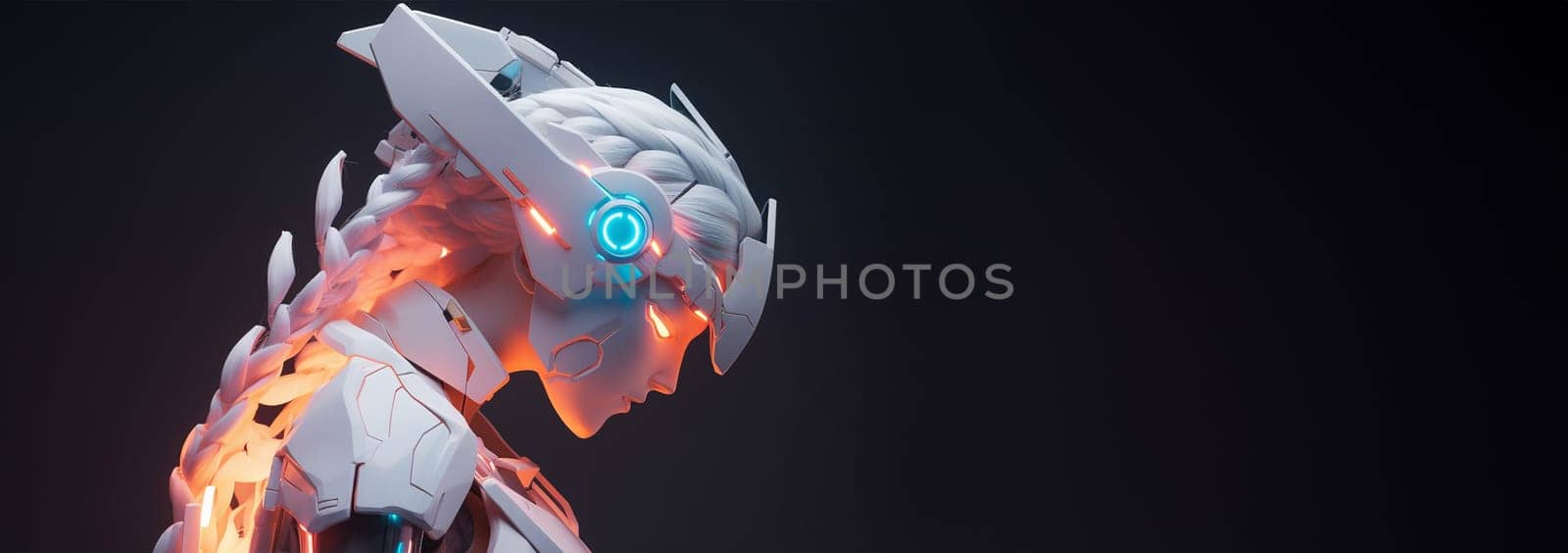 Futuristic cyborg robot neon. Smart city on head AI in image female cyborg or robot woman. Artificial intelligence, IOT technology,bionic in armor. neon light cyberpunk 3D design Space for text