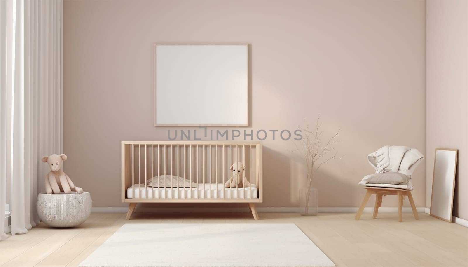 Nursery child's room light brown,nude color,creme interior Mockup wall in the children's room on wall.3D Rendering Bright stylish design cute and cozy Copy space