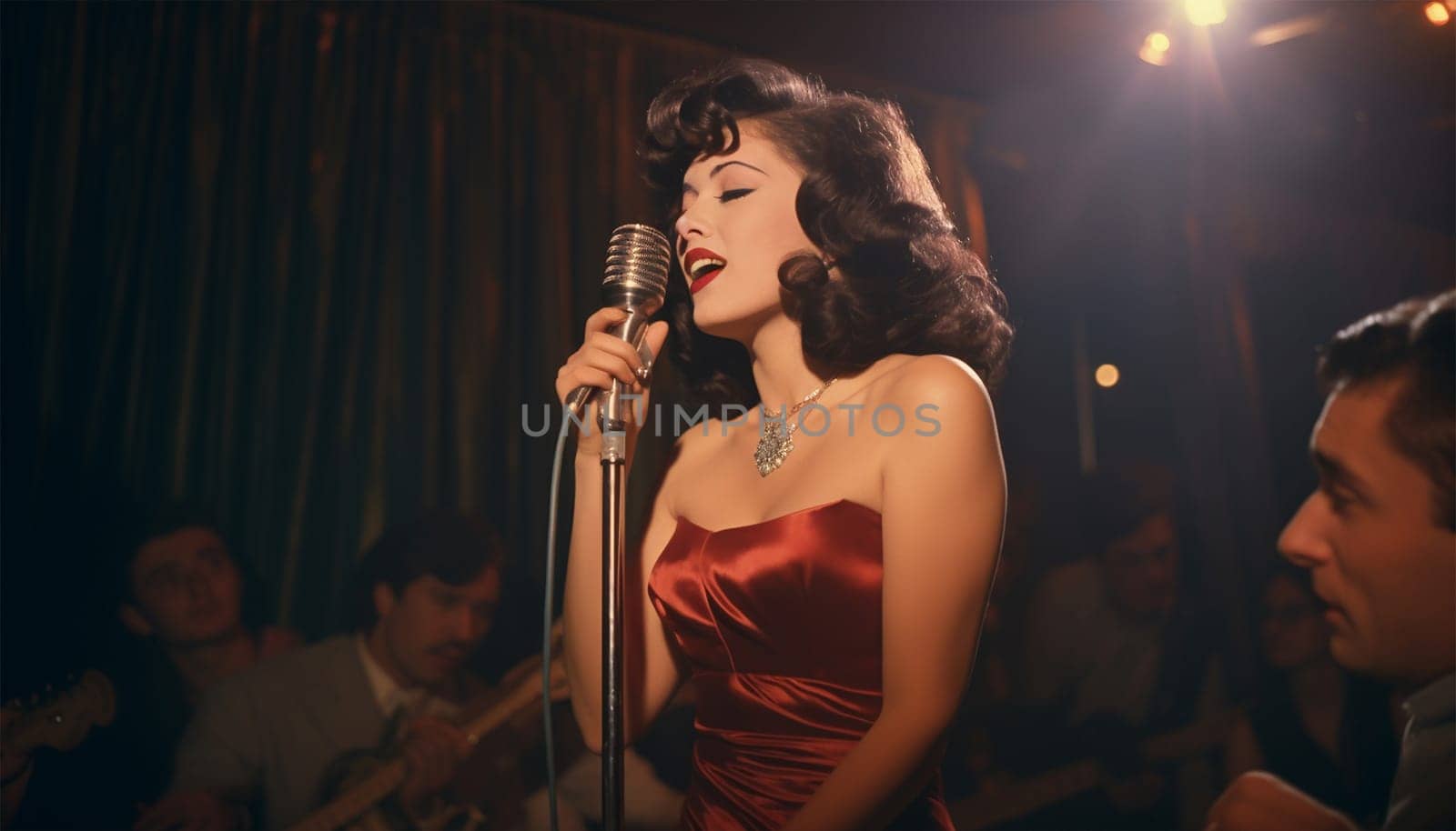 Vintage performer. Singing Woman with Microphone. Beauty Glamour Singer Girl Portrait in club. Vintage Style. Song elegant female beauty