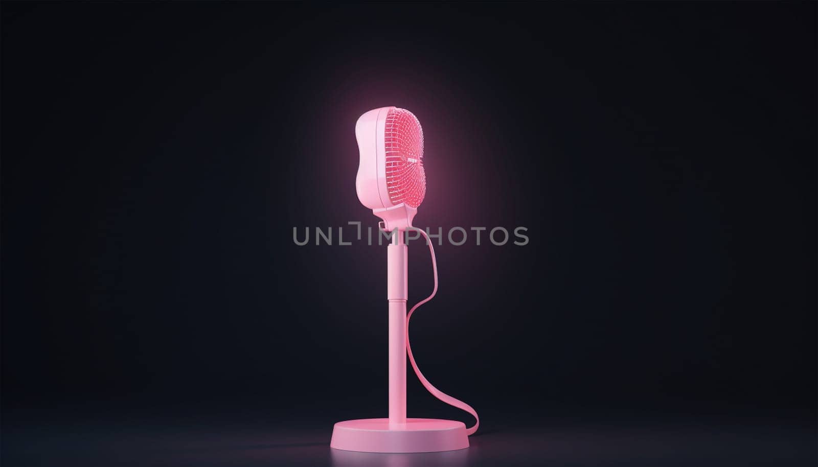 Vintage style microphone in studio neon pink glow. Vivid color banner with copy space black background neon lights. Space for tect