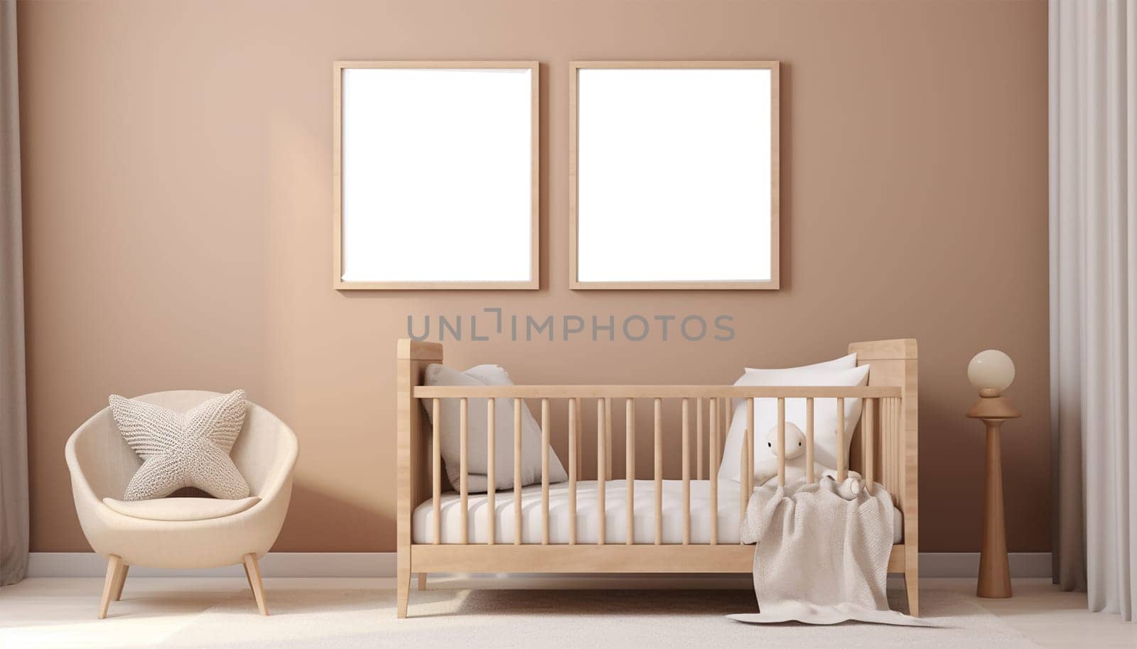 Nursery child's room light brown,nude color,creme interior Mockup wall in the children's room on wall.3D Rendering Bright stylish design cute and cozy Copy space