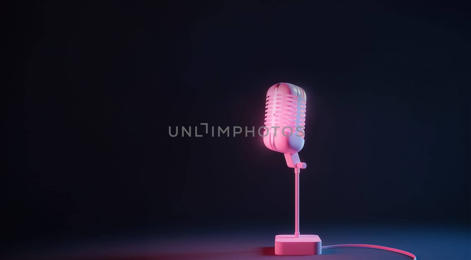 Vintage style microphone in studio neon pink glow. Vivid color banner with copy space black background neon lights. Space for tect