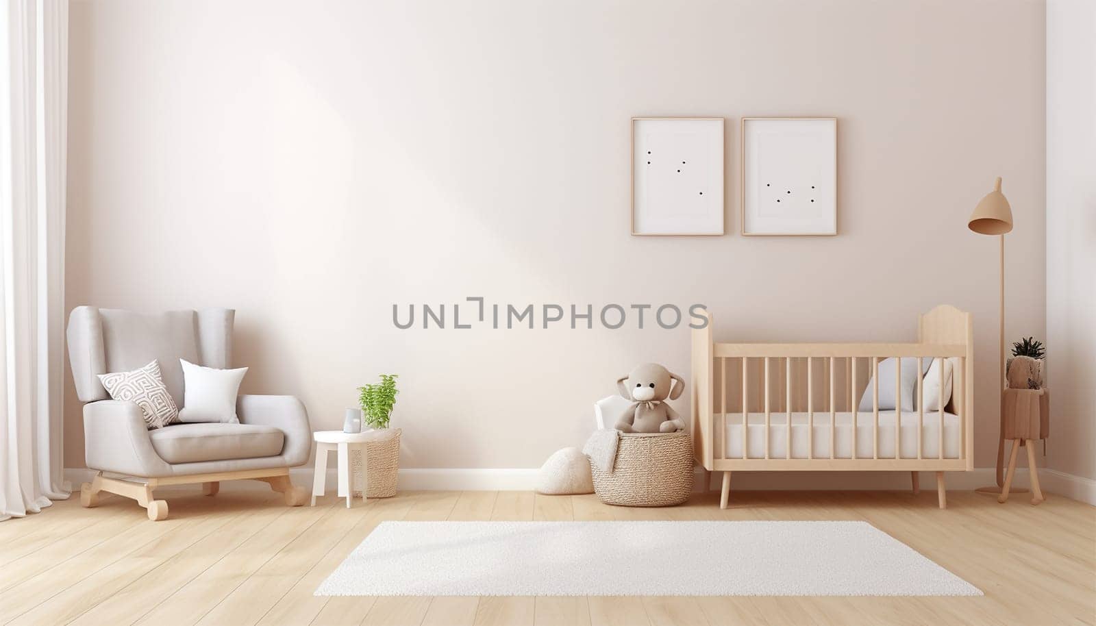 Nursery child's room light brown,nude color,creme interior Mockup wall in the children's room on wall.3D Rendering Bright stylish design cute and cozy Copy space