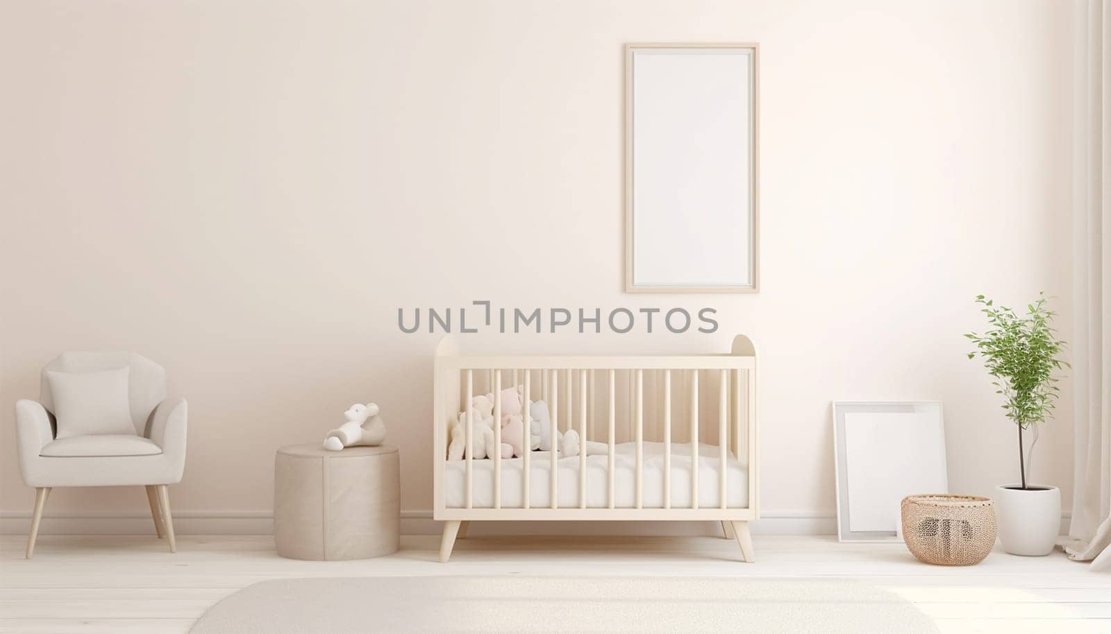 Nursery child's room light brown,nude color,creme interior Mockup wall in the children's room on wall.3D Rendering Bright stylish design cute and cozy Copy space