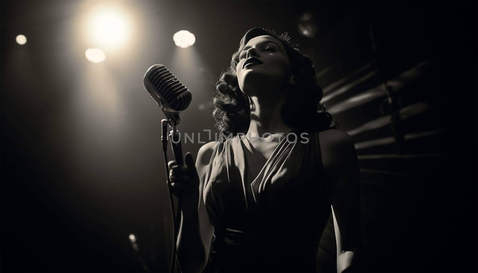 Vintage performer. Singing Woman with Microphone. Beauty Glamour Singer Girl Portrait in club. Vintage Style. Song elegant female beauty