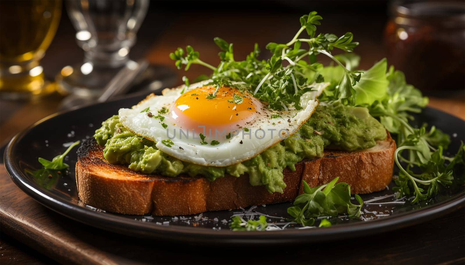 Avocado egg sandwich with whole grain bread on wooden background. Copy space Healthy lunch with fried eggs and Guacamole on toast. Diner or breakfast. Food concept close up