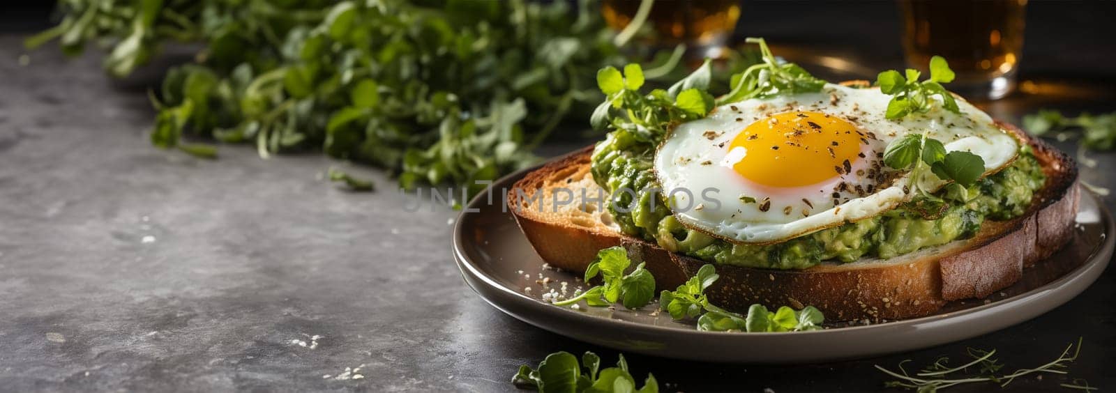 Avocado egg sandwich with whole grain bread on wooden background. Copy space Healthy lunch with fried eggs and Guacamole on toast. Diner or breakfast. Food concept close up