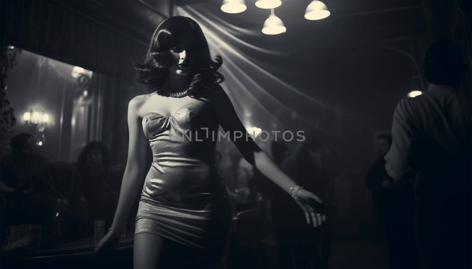 Elegant vintage woman in club or disco. Happy and active dancers woman in retro style clothes dancing disco dance over green background. 1970s, 1980s fashion, music, hippie lifestyle luxury lifestyle