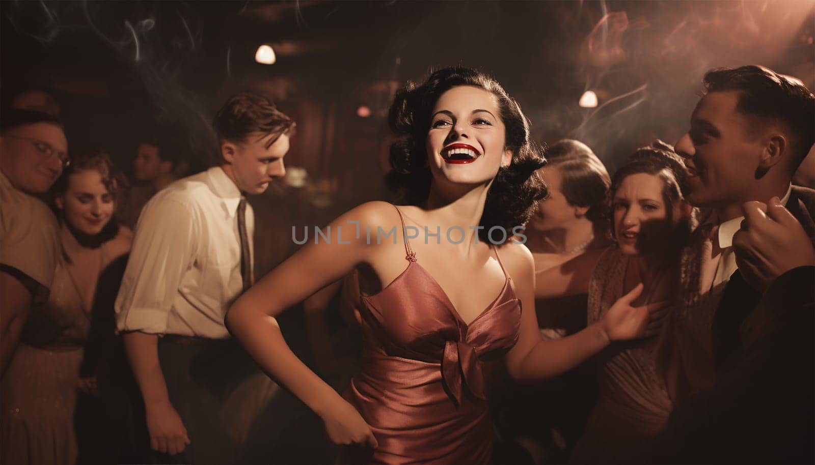 Elegant vintage woman in club or disco. Happy and active dancers woman in retro style clothes dancing disco dance over green background. 1970s, 1980s fashion, music, hippie lifestyle luxury lifestyle