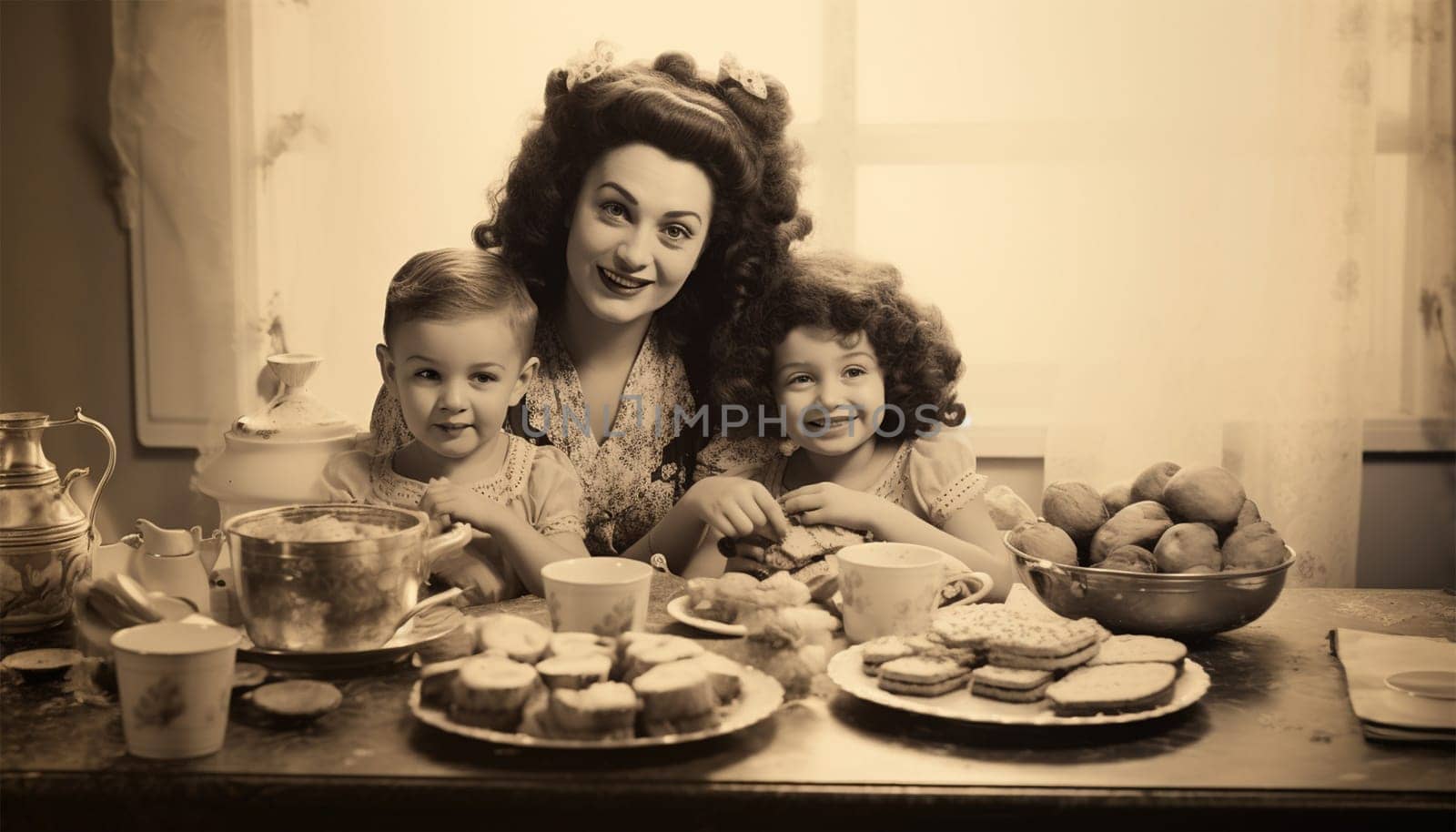 Vintage mother with her two daughters have breakfast at home. Monochrome, grunge textures, intentional styled to the 1950s Retro family concept background at home happy